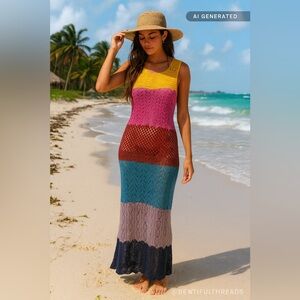 Gabrielle Union Multicolour Crochet Maxi Dress | Beach Resort Boho Knit Cover-Up